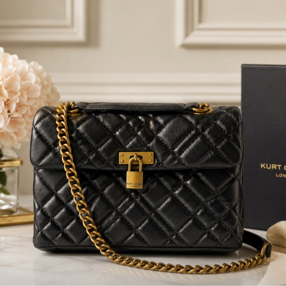 KURT GEIGER London Brixton Quilted Lock Bag Black Gold Chain Shoulder Crossbody